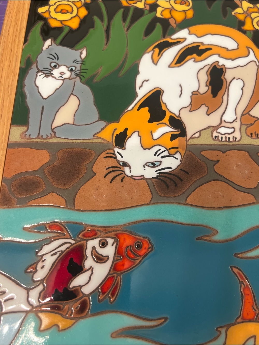 Large Koi fish & Cats vintage, hand-painted ceramic art tile by Arius Tile compa - Picture 4 of 5
